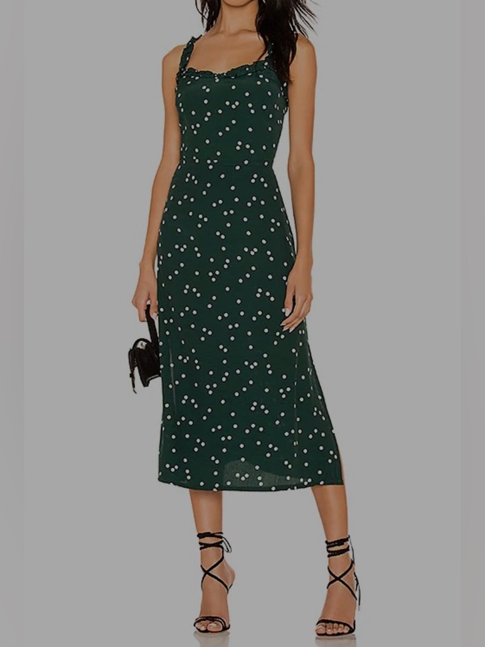 Faithfull the Brand Green Women’s Polka Dot Midi Dress with Ruffled Straps Sz 8.